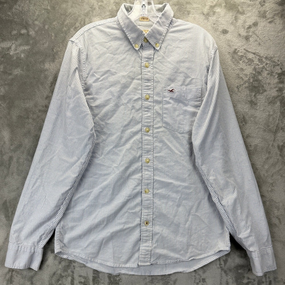Hollister Mens Medium Blue White Striped Stretch Long Sleeve Button Down Shirt